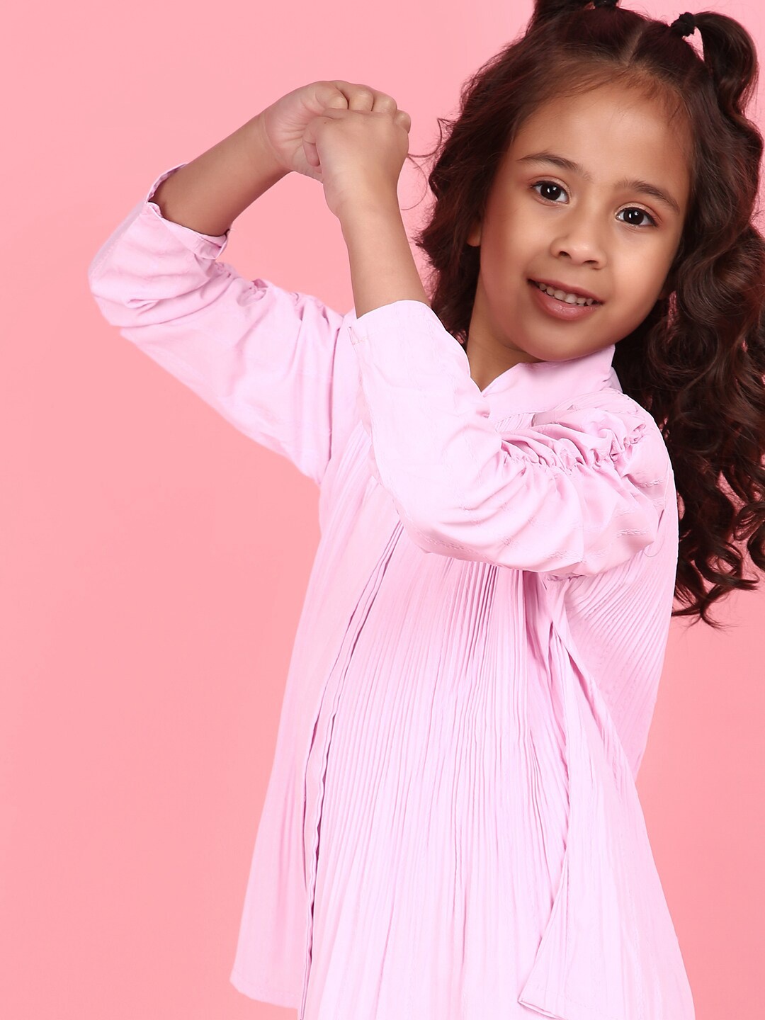 

V-Mart Girls Tie-Up Neck Gathered Ruched Georgette Top, Pink