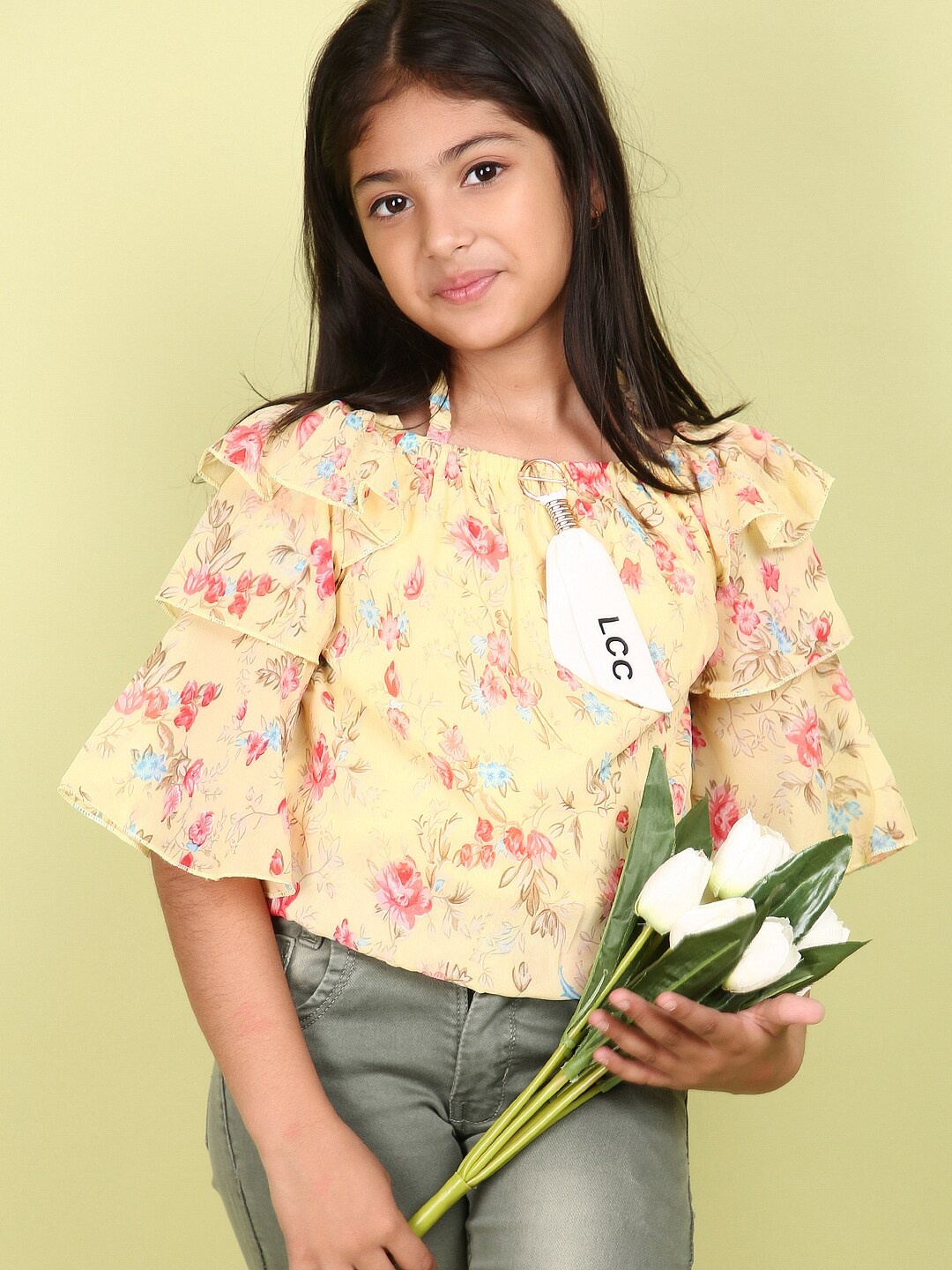

V-Mart Round Neck Floral Print Bell Sleeve Cotton Top, Yellow