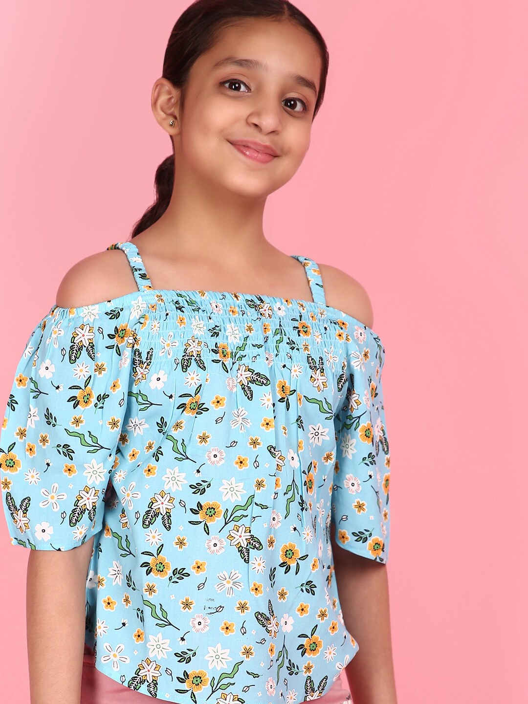 

V-Mart Girls Floral Print Shoulder Straps Cold-Shoulder Cotton Bardot Top, Blue