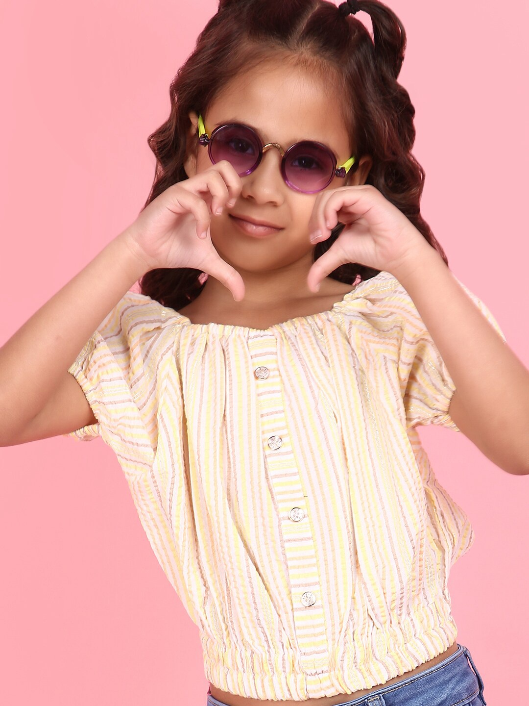 

V-Mart Girls Striped Square Neck Puff Sleeves Cotton Blouson Top, Beige