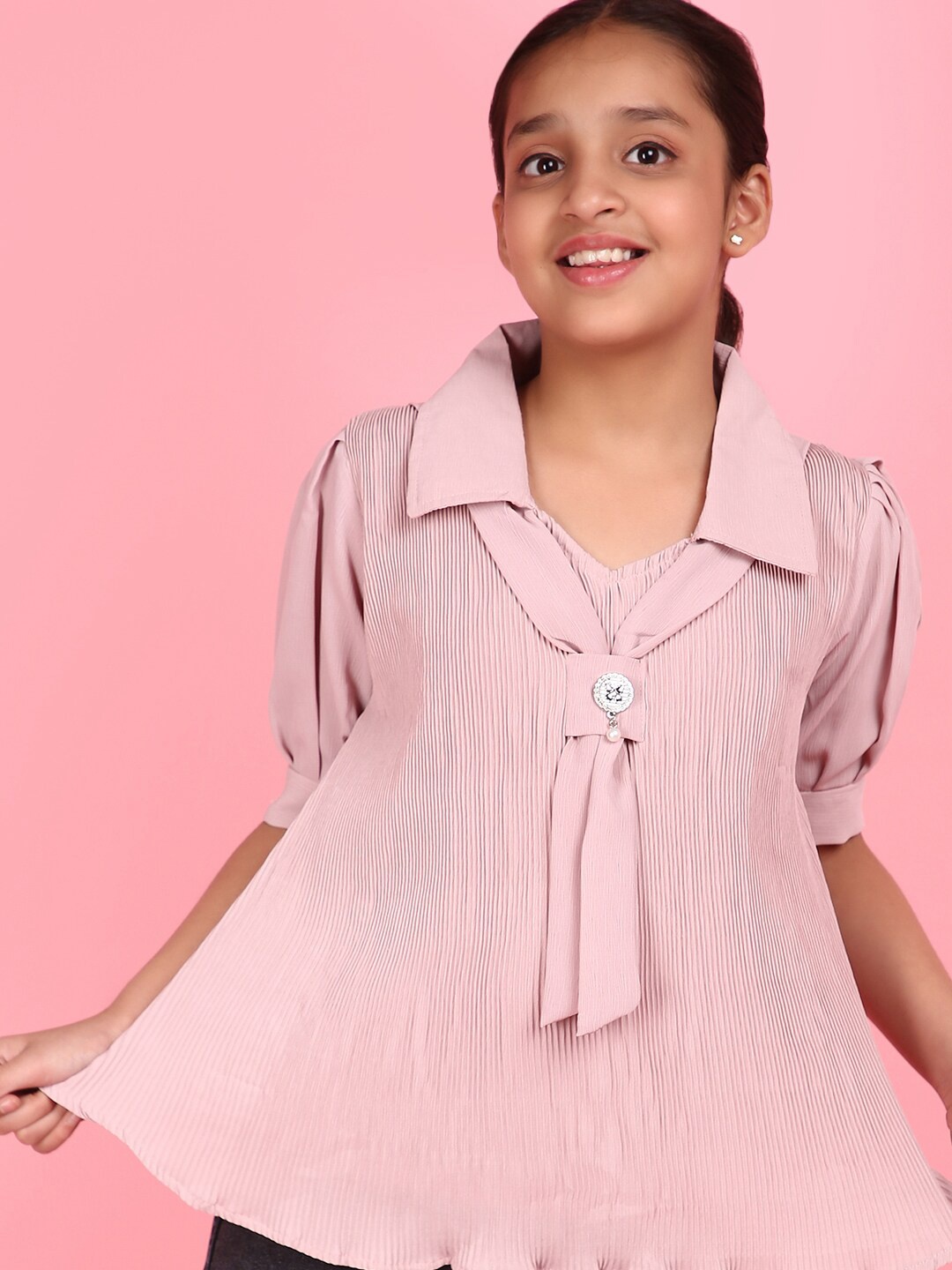 

V-Mart Girls Puff Sleeves Cotton Shirt Style Top, Pink