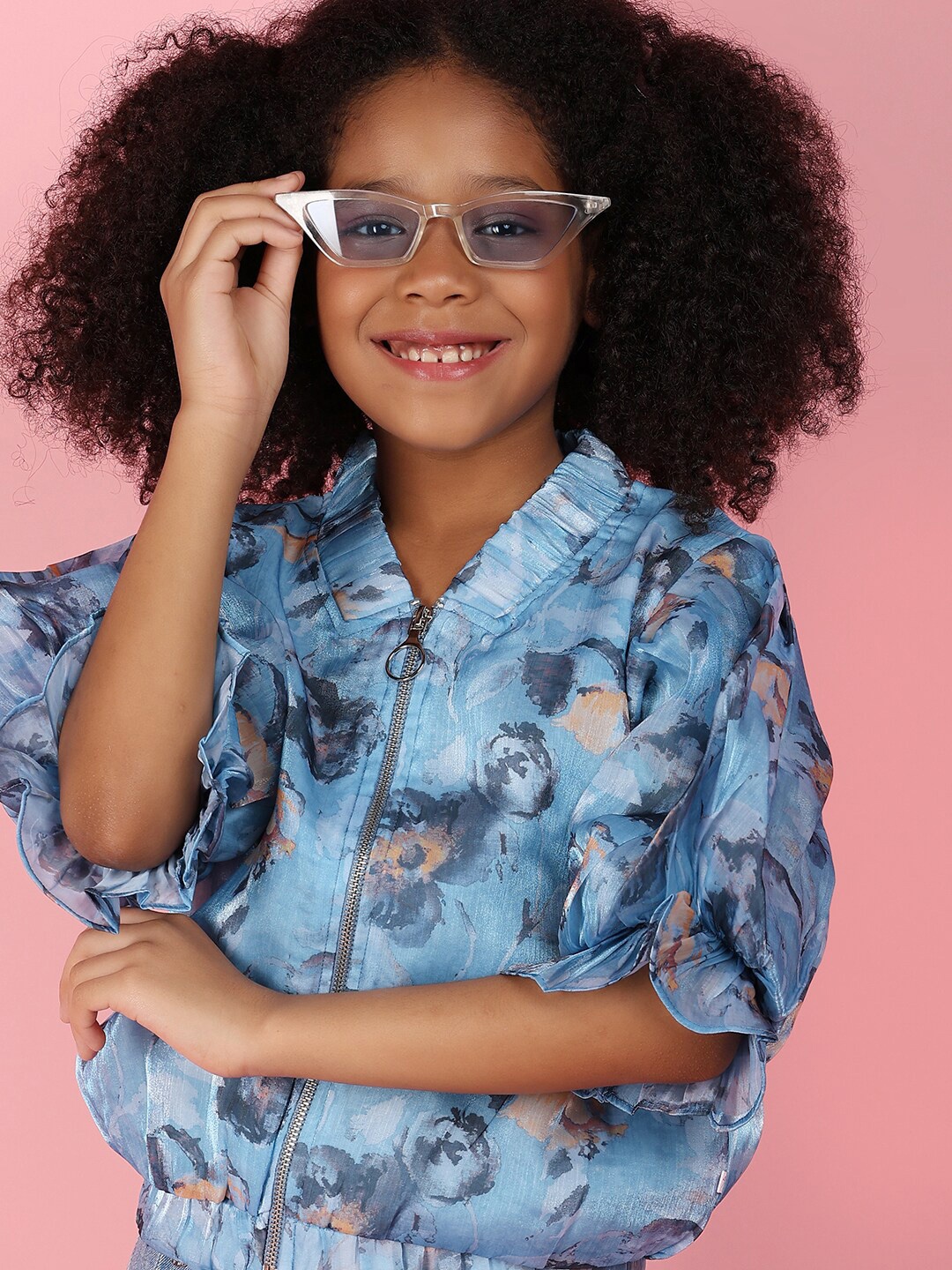 

V-Mart Girls Floral Printed Georgette Shirt Style Top, Blue