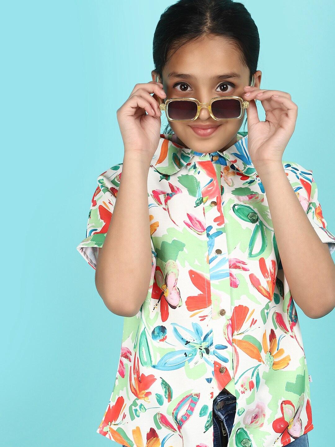 

V-Mart Short Sleeves Floral Print Cotton Shirt Style Top, Green