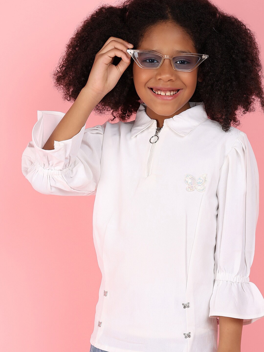 

V-Mart Girls Puff Sleeves Gathered Georgette Shirt Style Top, White