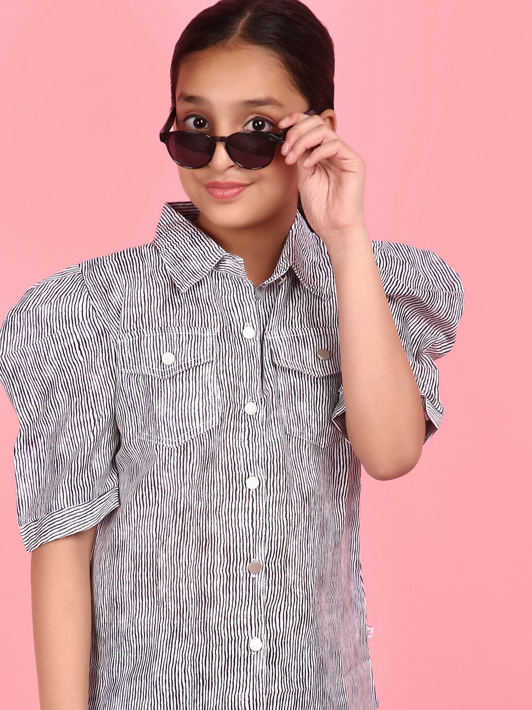 

V-Mart Girls Print Puff Sleeve Satin Shirt Style Top, Black