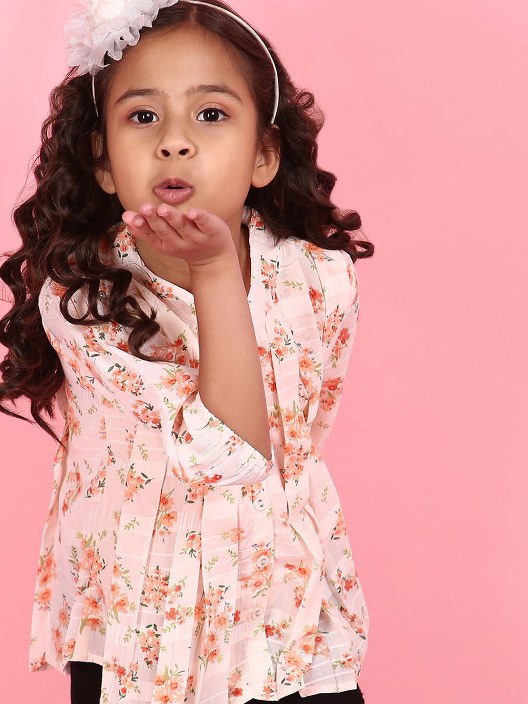 

V-Mart Girls Floral Printed Pleated Cotton Top, Pink