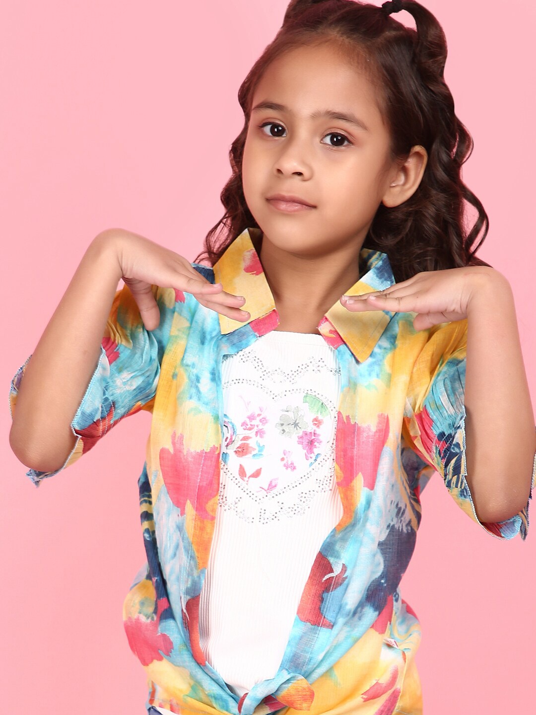 

V-Mart Girls Abstract Printed Smocked Flared Sleeves Georgette Shirt Style Top, Yellow