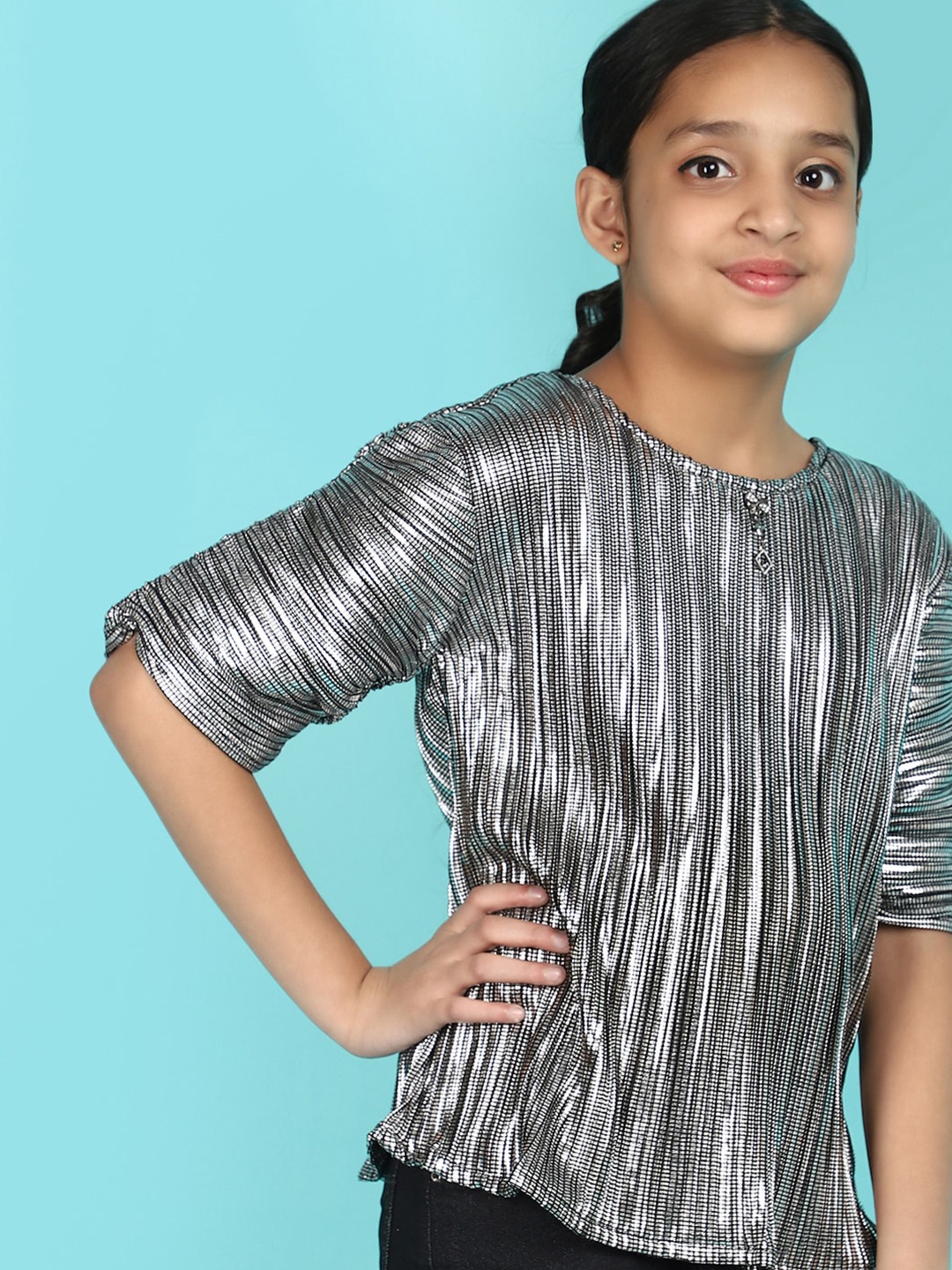 

V-Mart Girls Self Design Gathered Ruched Top, Silver