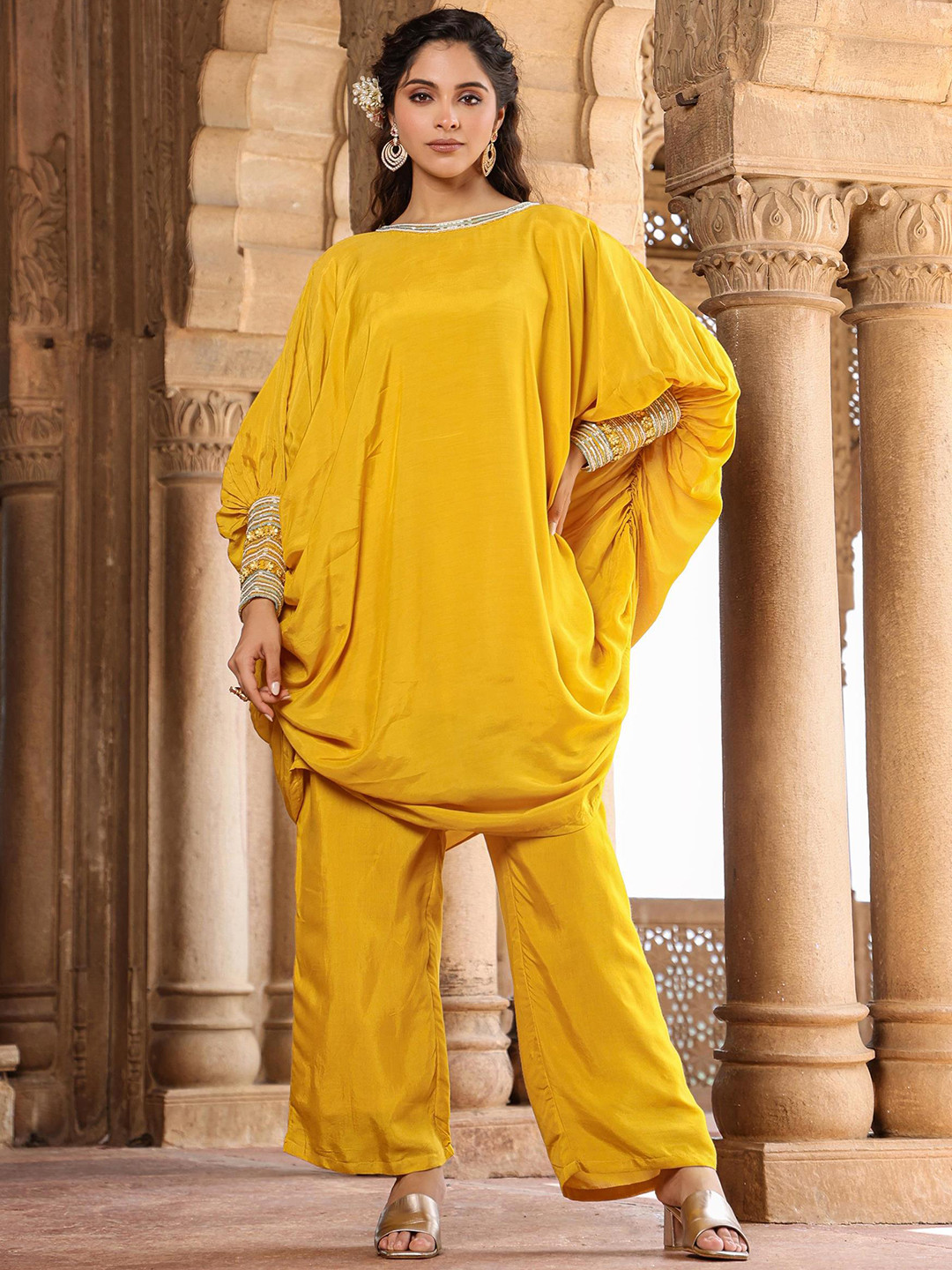 

SCAKHI Embellished Boat Neck Top And Trouser Co-Ords, Yellow