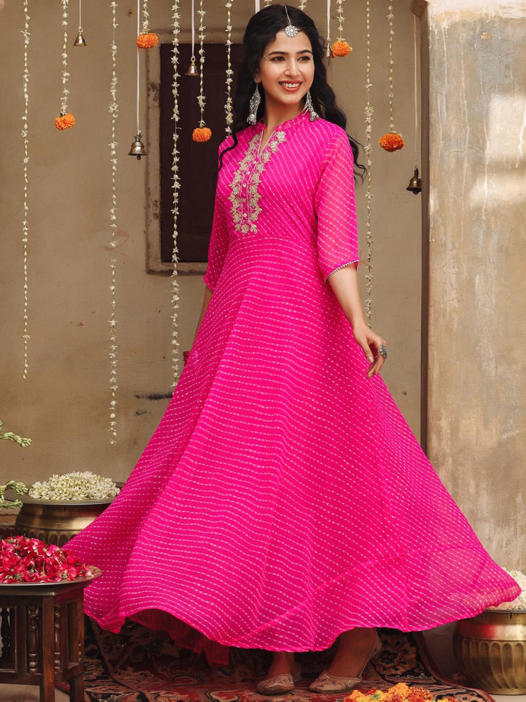 

SCAKHI Leheriya Printed Georgette Ethnic Maxi Dress, Pink