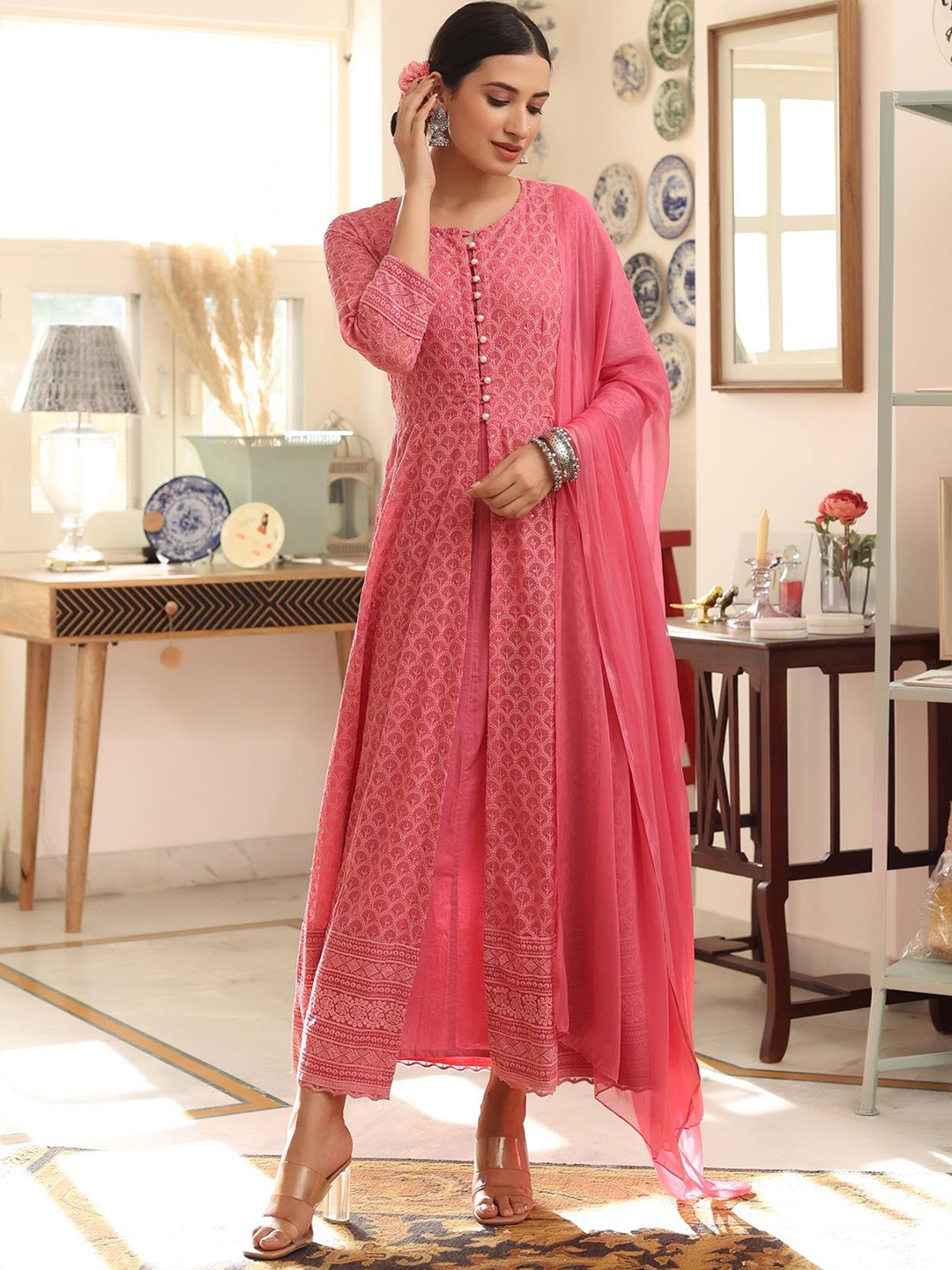 

SCAKHI Ethnic Motifs Round Neck Three-Quarter Sleeves Kurta with Trousers & With Dupatta, Pink