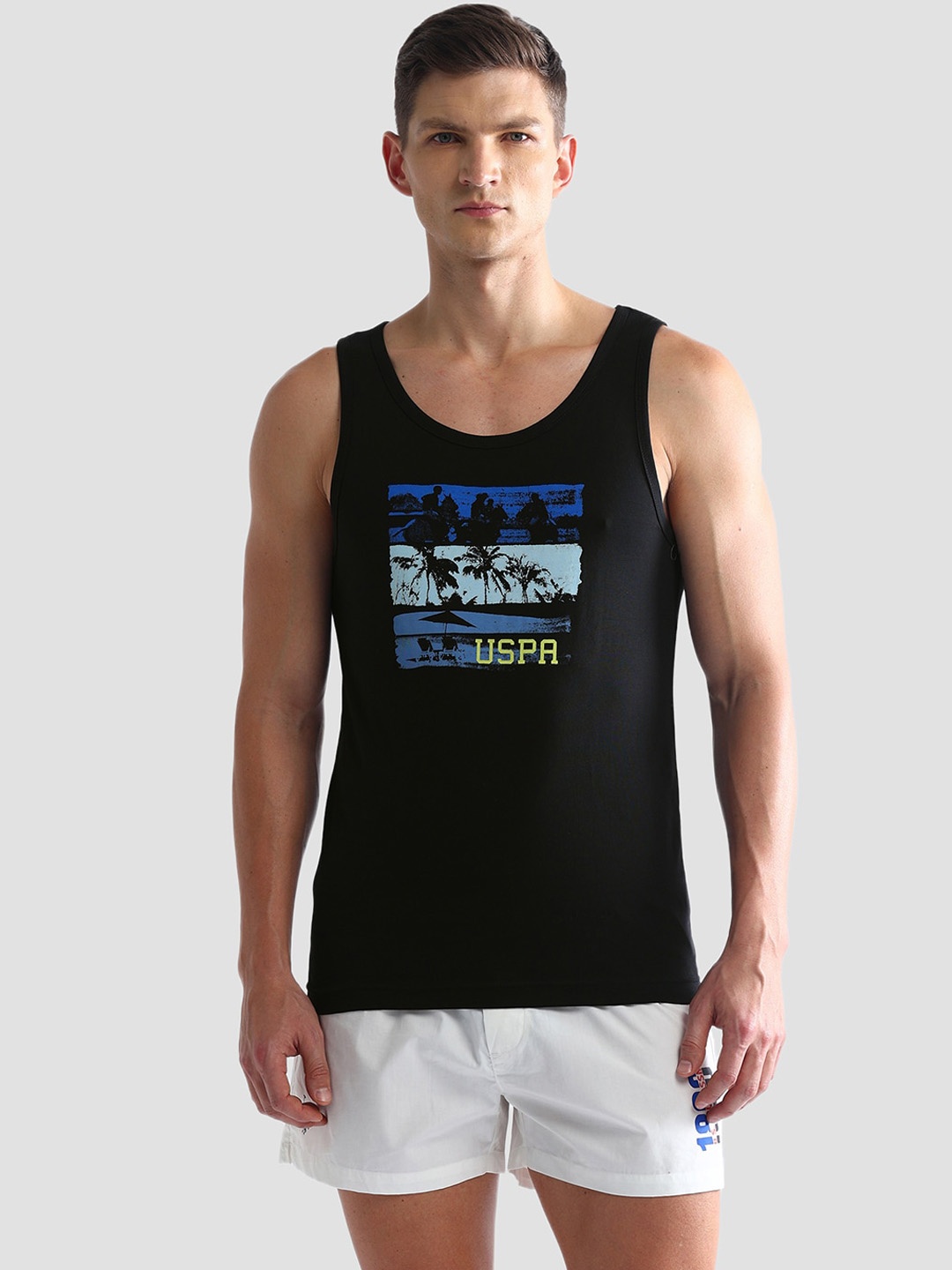 

U.S. Polo Assn. Tropical Printed Pure Cotton Innerwear Vests, Black