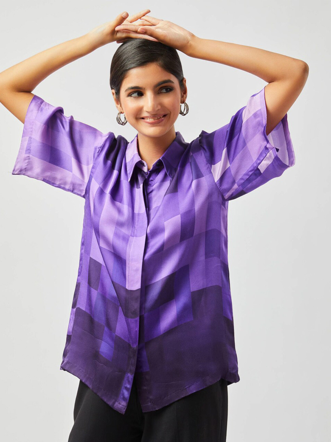 

Contemponari Relaxed Boxy Checked Casual Shirt, Purple