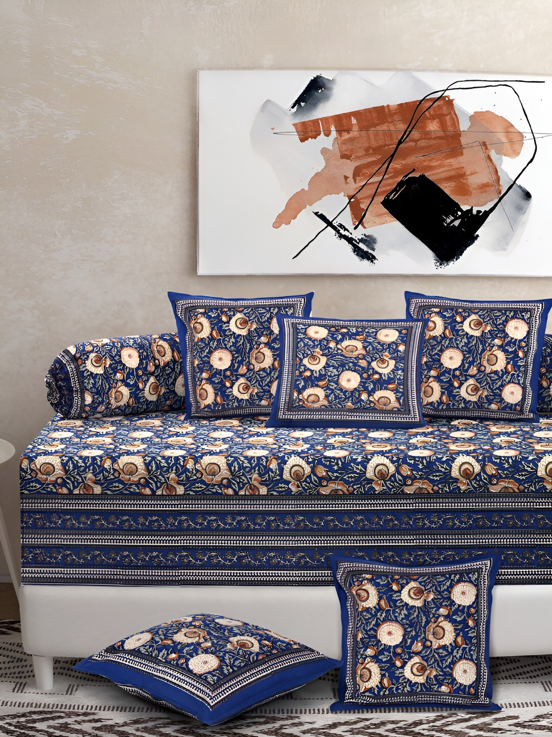 

Rajasthan Decor 8-pcs Blue & Orange-Colored Floral Printed Pure Cotton Diwan Set