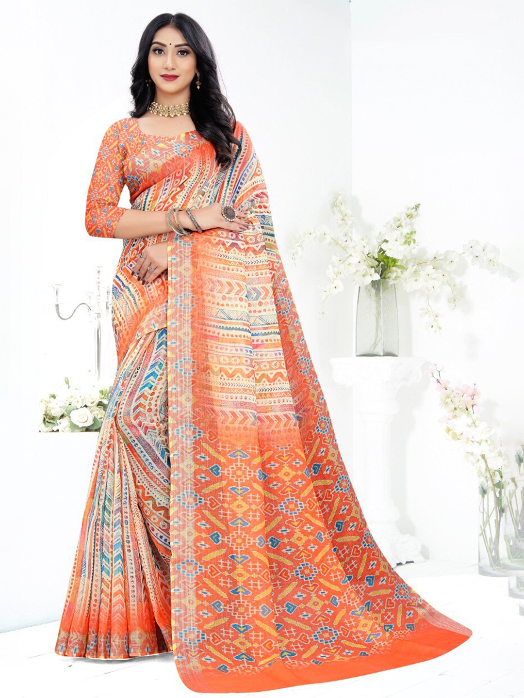 

Fevinaa Digital Floral Print Linen Blend Saree, Orange