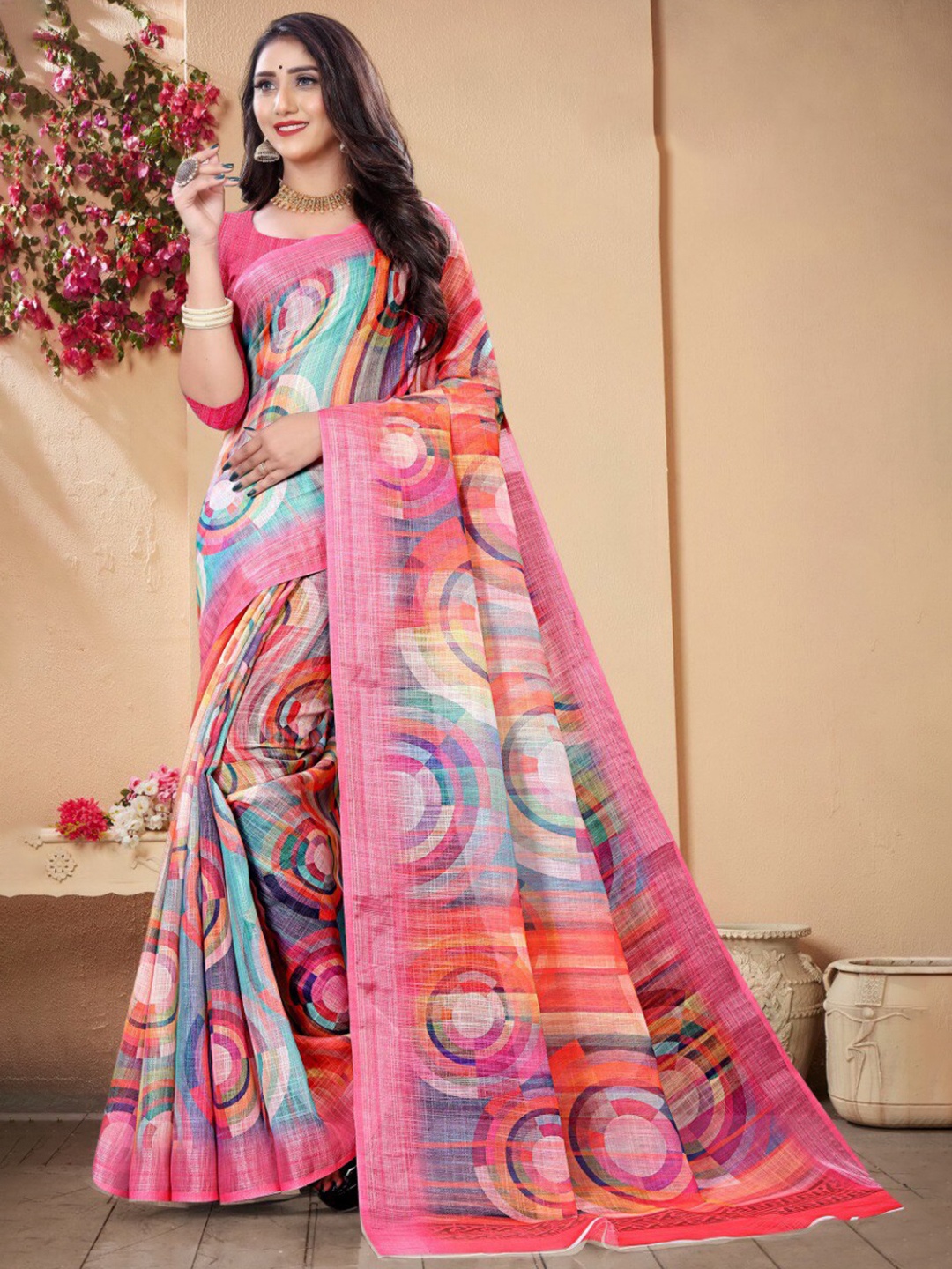 

Fevinaa Linen Blend Saree, Pink