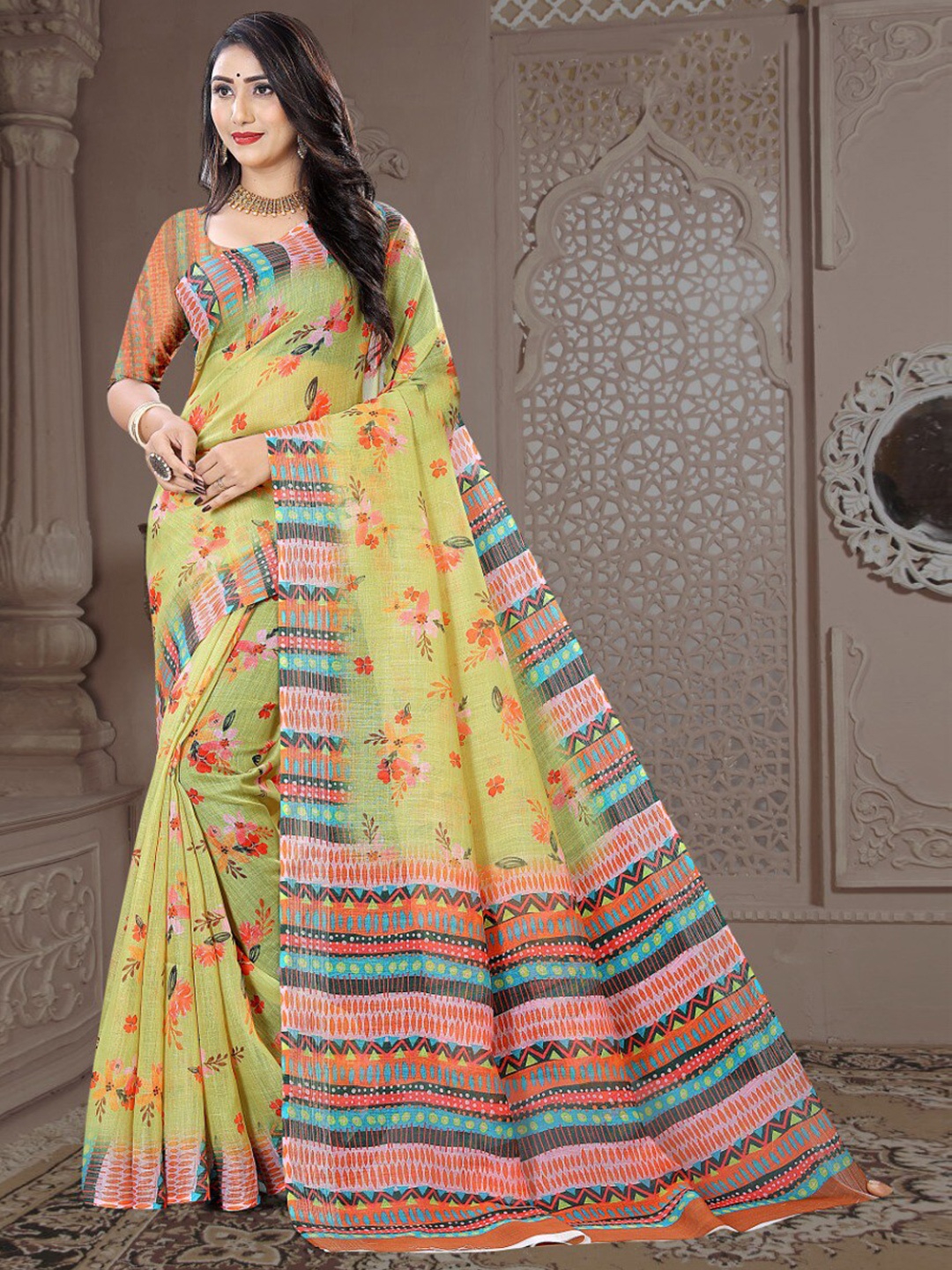 

Fevinaa Floral Linen Blend Saree, Yellow