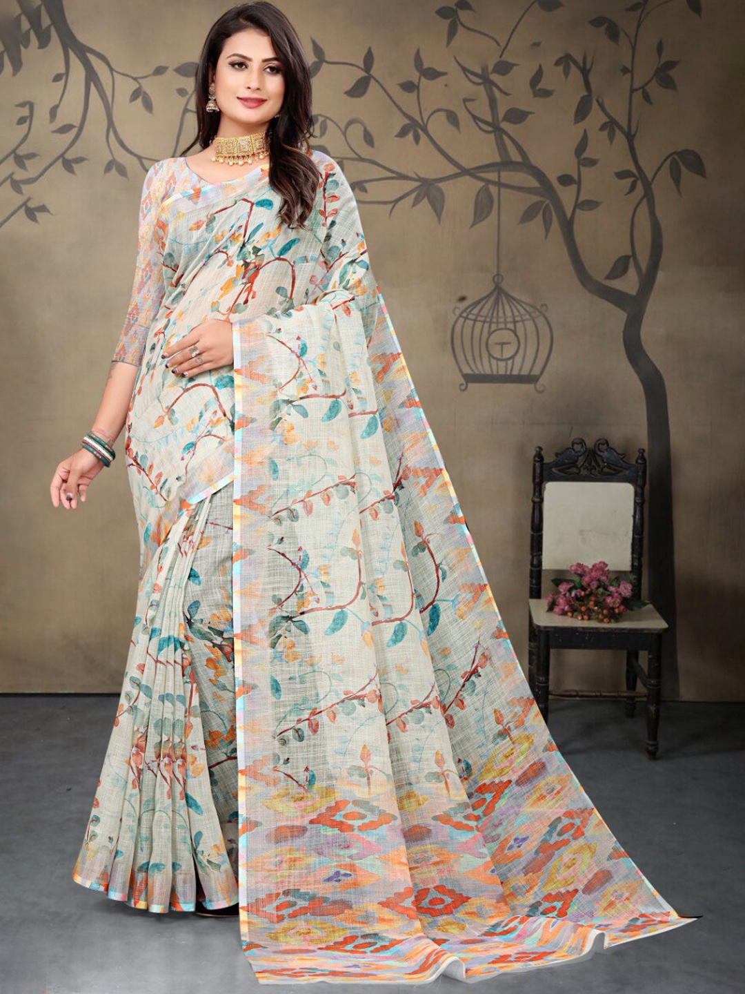 

Fevinaa Floral Linen Blend Saree, Off white