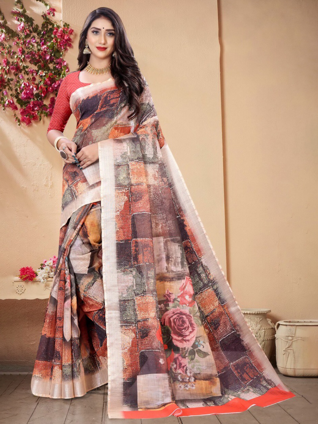 

Fevinaa Zari Linen Blend Saree, Brown