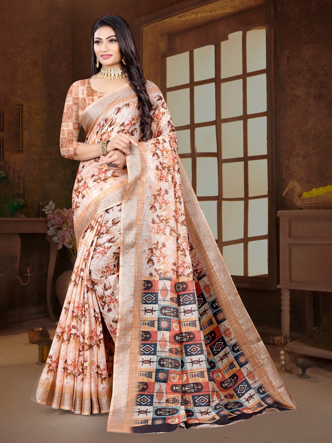 

Fevinaa Floral Zari Linen Blend Saree, Beige