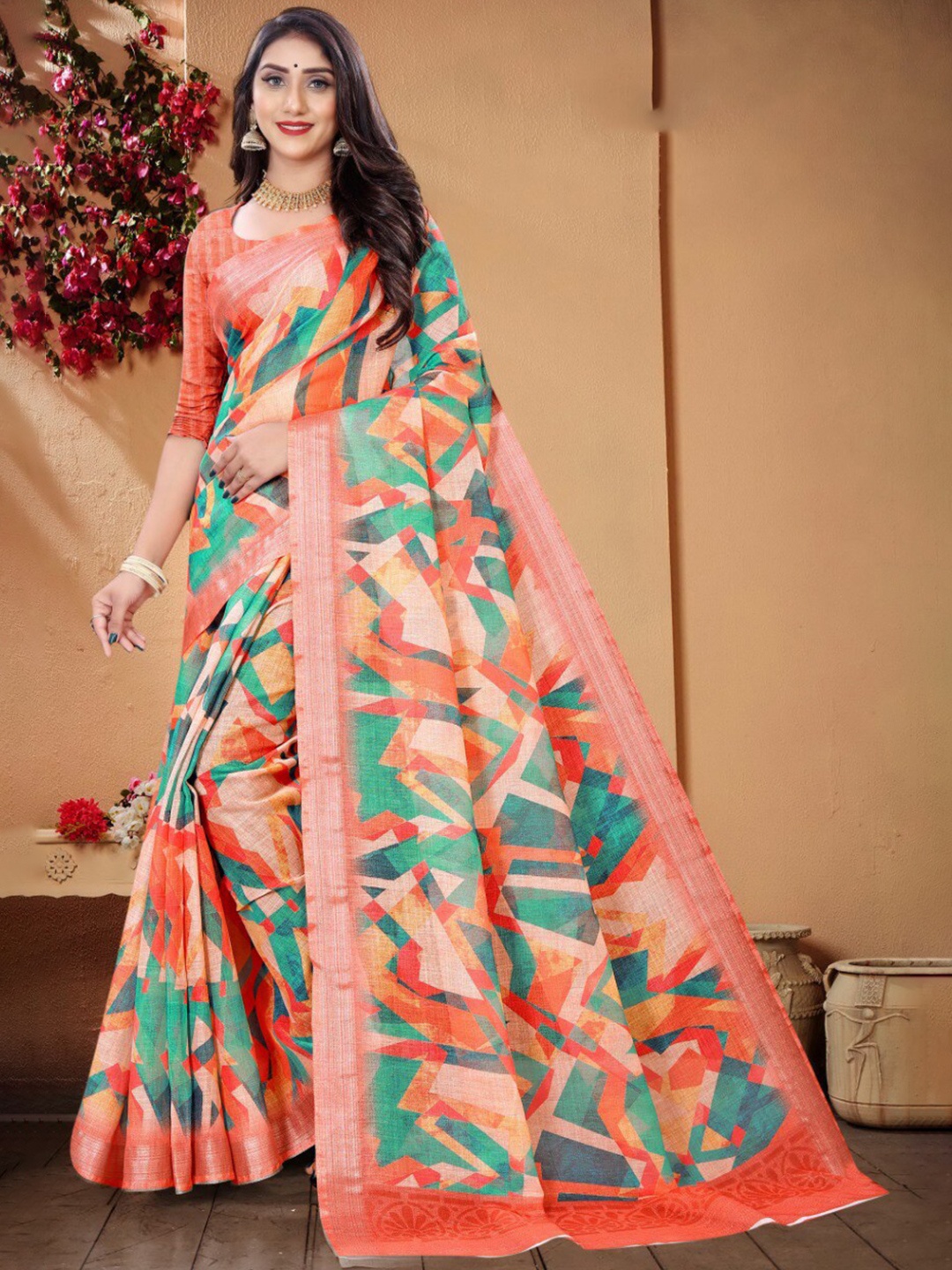 

Fevinaa Zari Linen Blend Saree, Orange