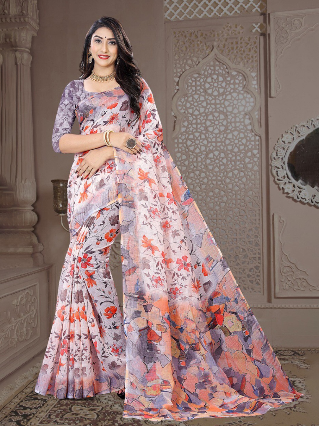 

Fevinaa Linen Blend Saree, Orange