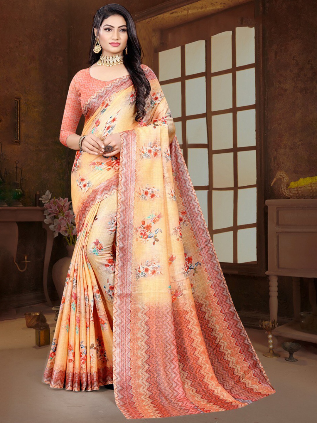 

Fevinaa Linen Blend Saree, Orange
