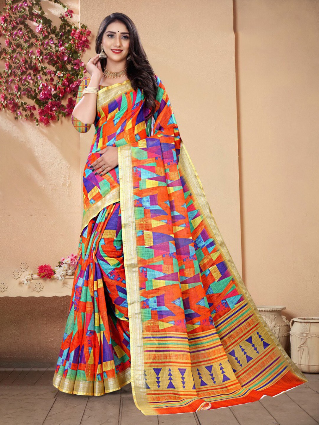 

Fevinaa Linen Blend Saree, Orange