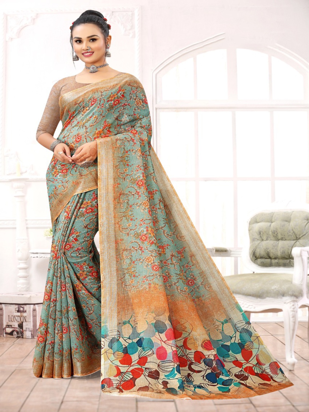 

Fevinaa Floral Zari Linen Blend Saree, Green