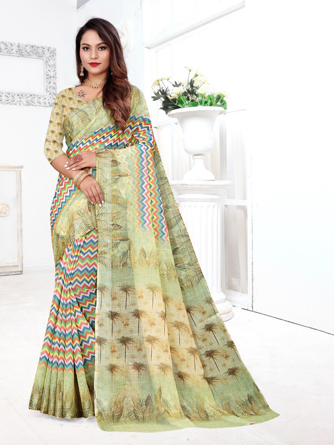 

Fevinaa Striped Linen Blend Saree, Green