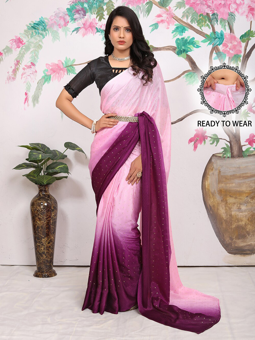 

Pionex Floral Poly Chiffon Ready to Wear Saree, Purple