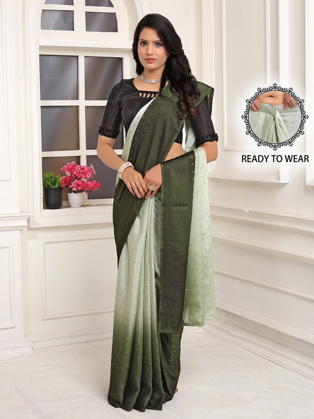 

Pionex Floral Poly Chiffon Ready to Wear Saree, Green