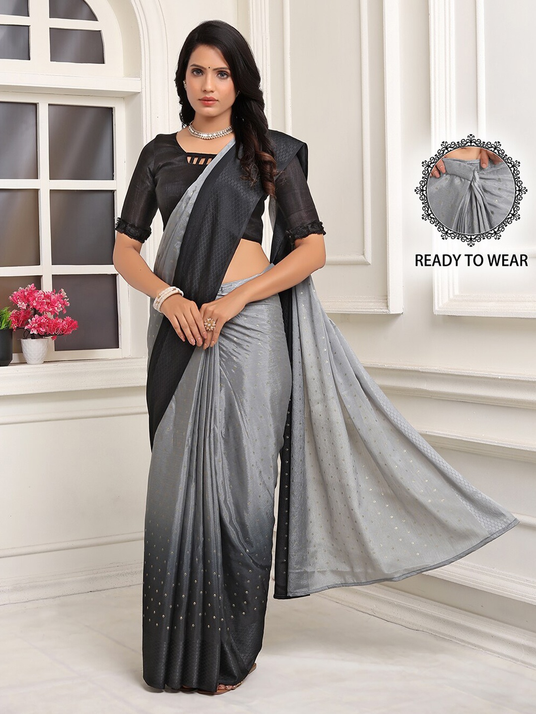 

Pionex Floral Poly Chiffon Ready to Wear Saree, Grey