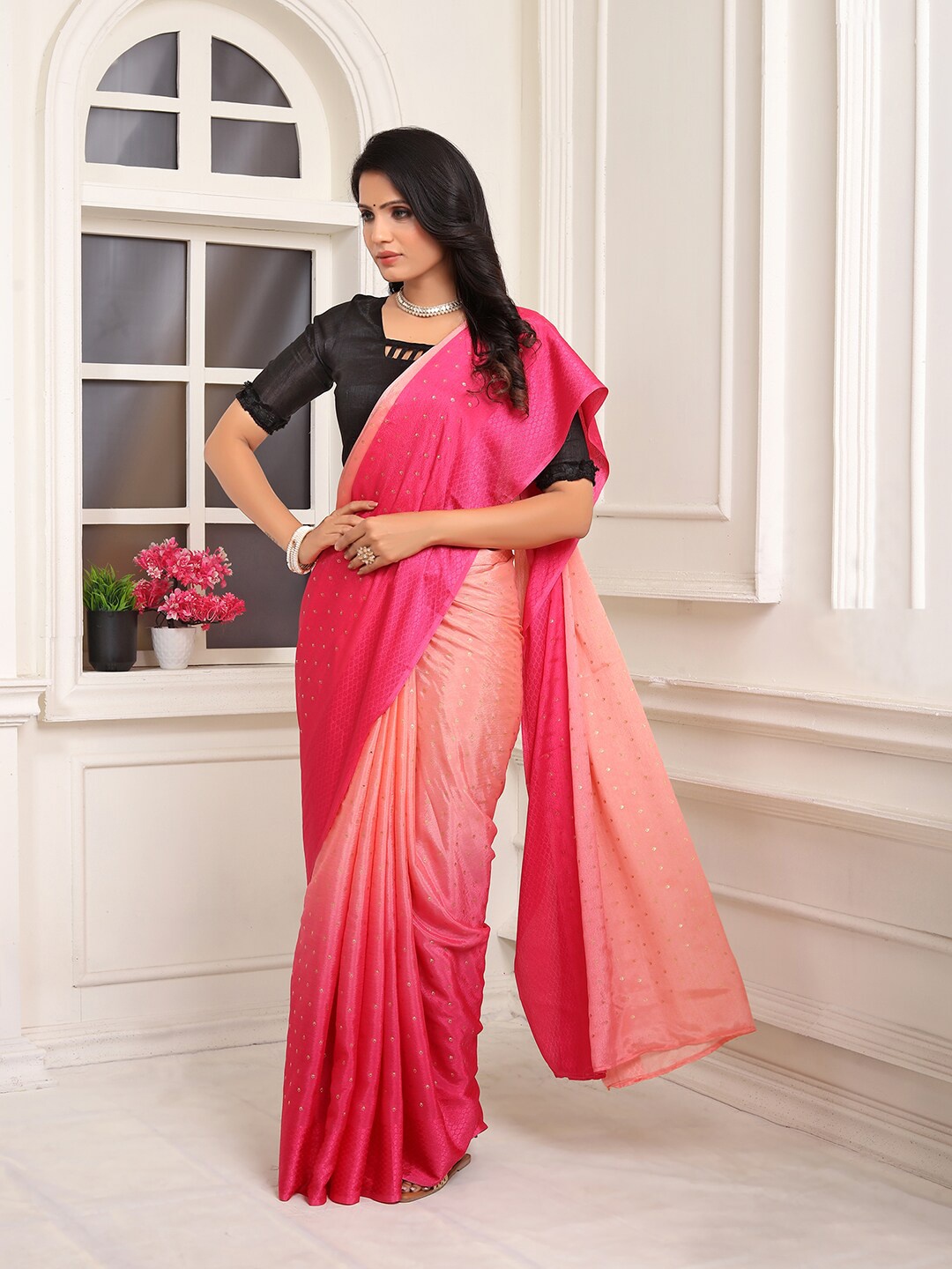 

Pionex Floral Poly Chiffon Ready to Wear Saree, Pink