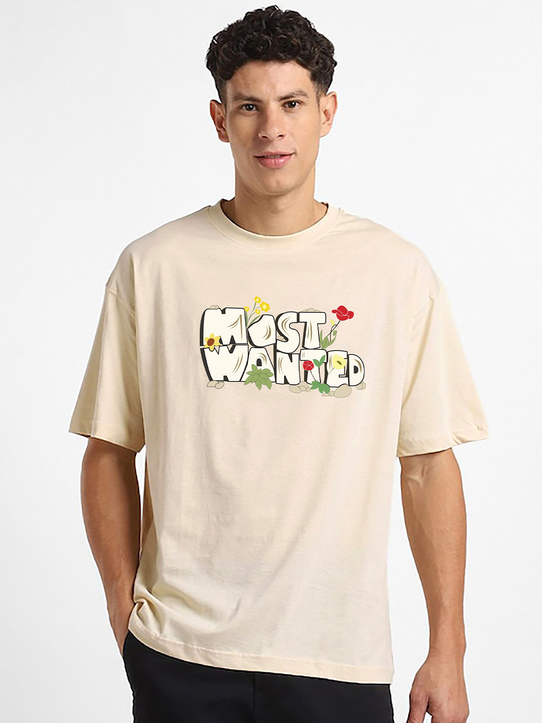 

MISCHIEF MONKEY Men Typography Printed Applique T-shirt, Beige
