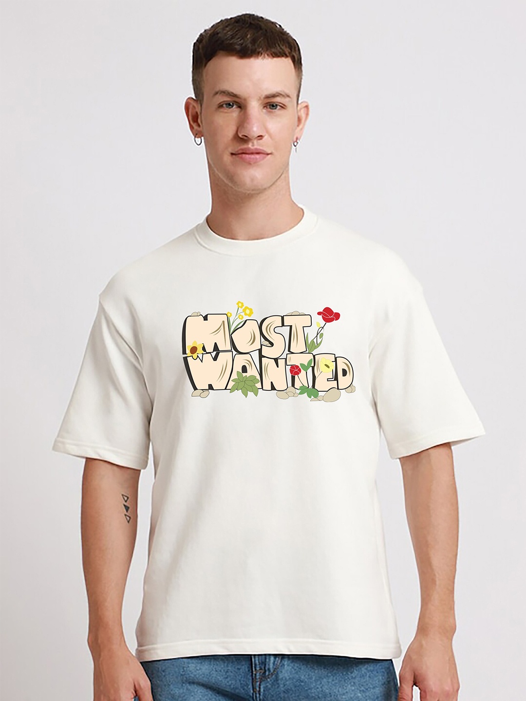 

MISCHIEF MONKEY Men V-Neck Drop-Shoulder Sleeves Raw Edge T-shirt, White