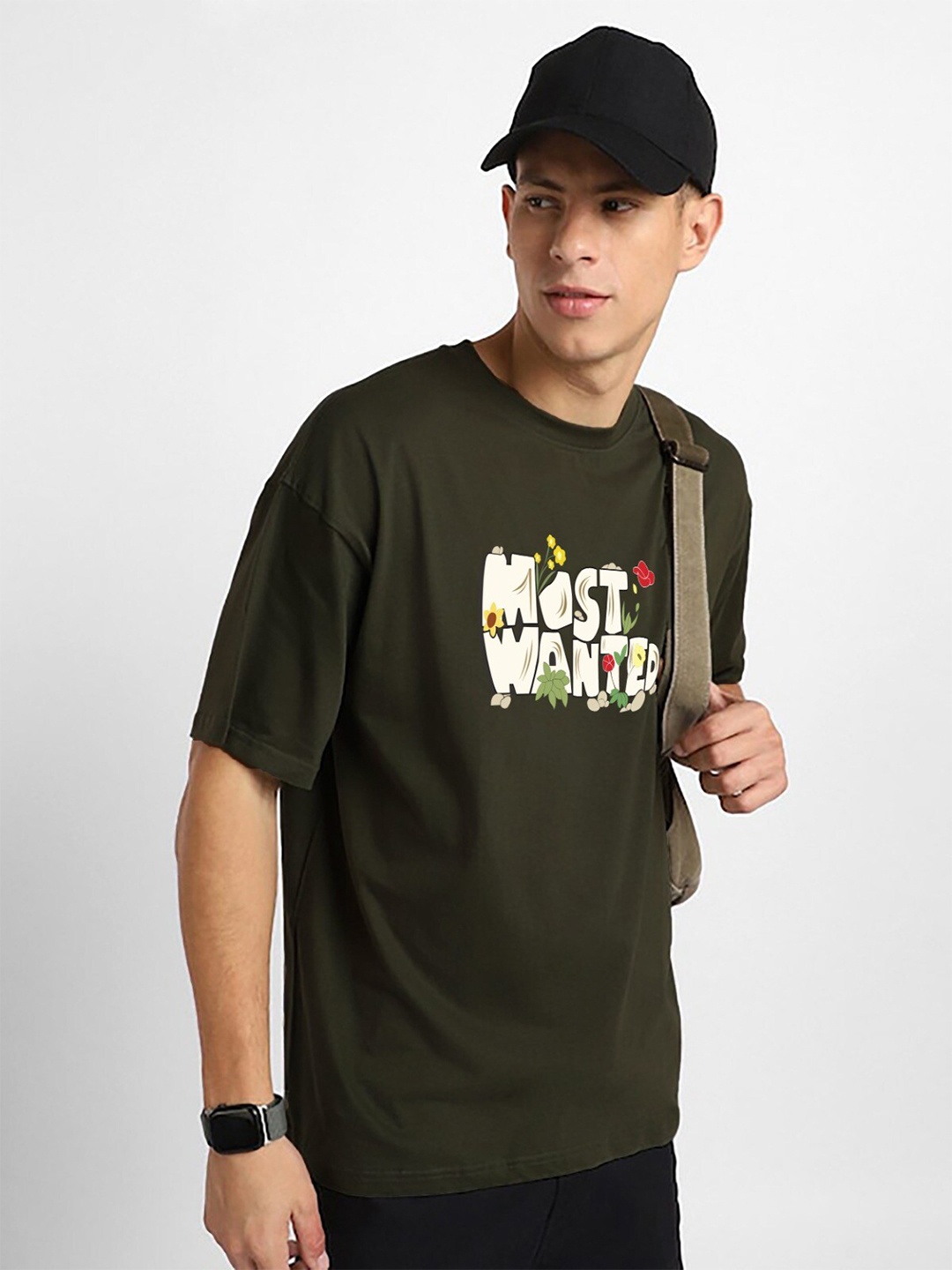 MISCHIEF MONKEY Typography Printed Oversized Cotton T-shirt, Olive