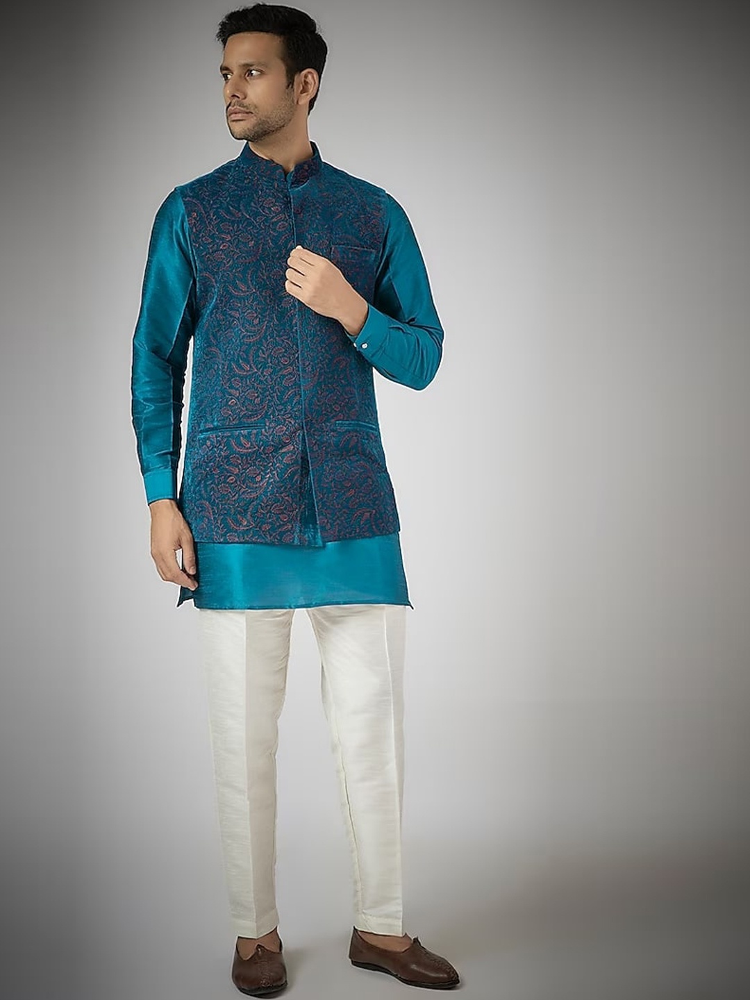 

RNG Safawala Regular Mandarin Collar Dupion Silk Kurta with Trouser With Jacket, Blue