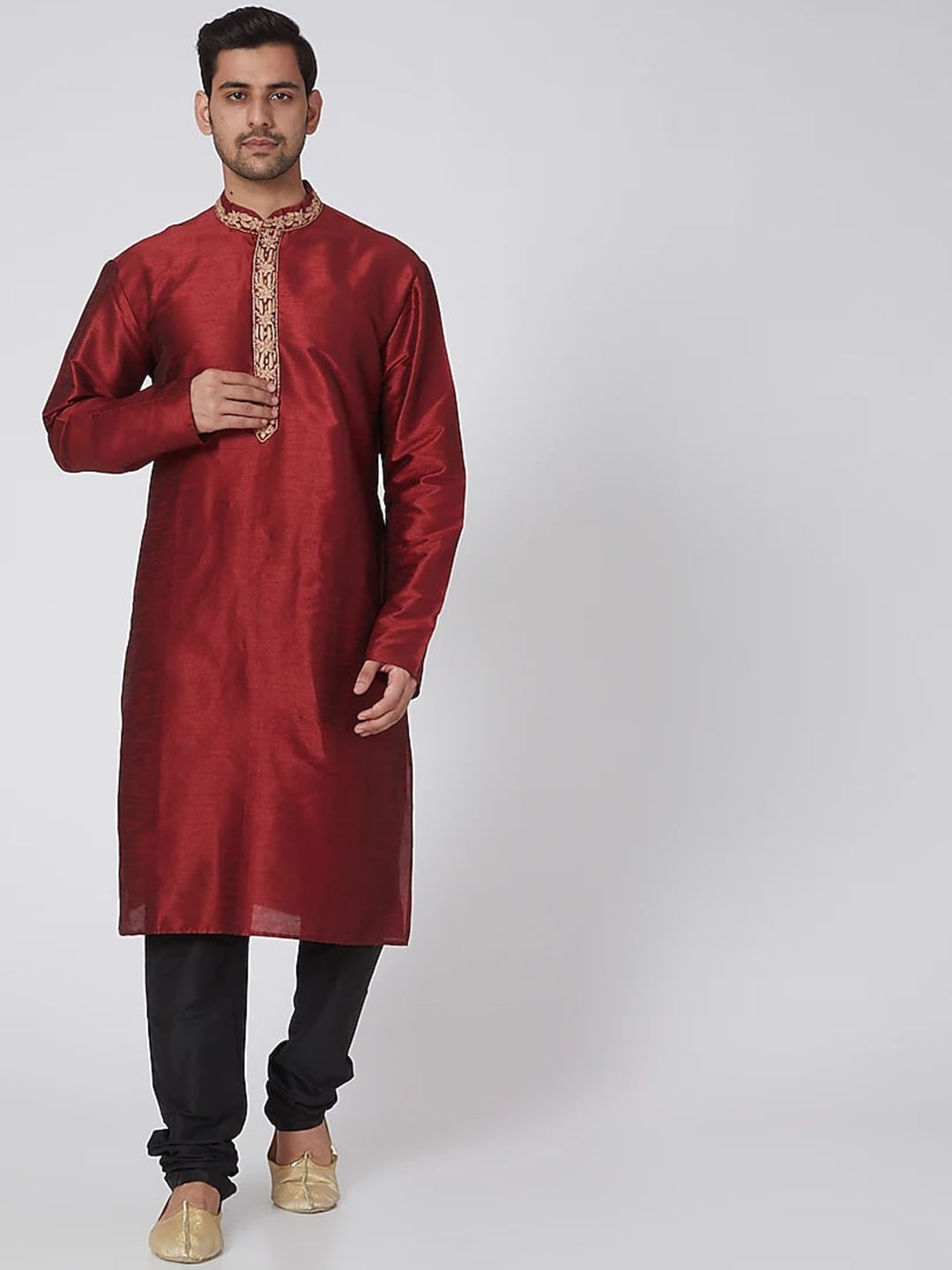 

RNG Safawala Floral Yoke Design Mandarin Collar Dupion Silk Straight Kurta with Trousers, Red