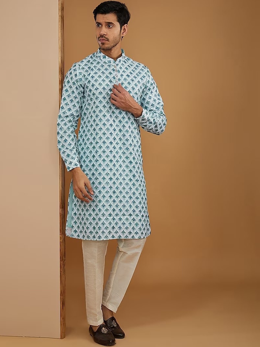 

RNG Safawala Printed Mandarin Collar Regular Dupion Silk Kurta with Trousers, Blue