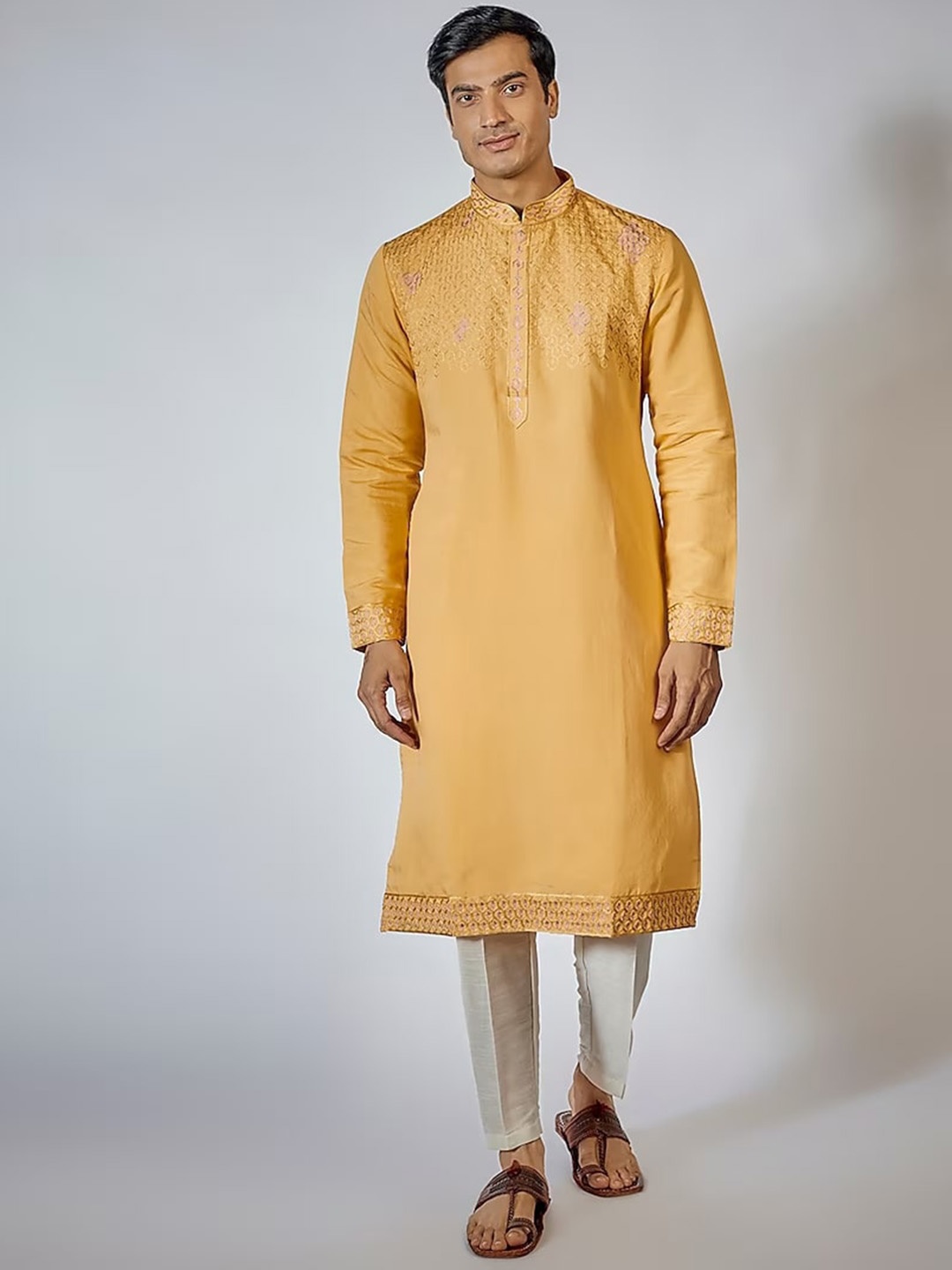 

RNG Safawala Geometric Embroidered Thread Work Pure Cotton Straight Kurta With Trouser, Yellow