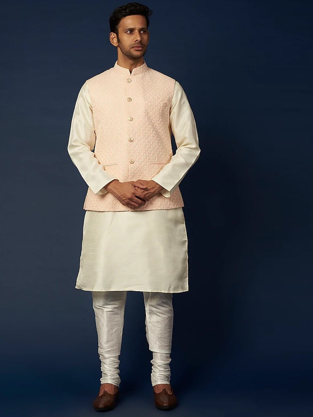 

RNG Safawala Mandarin Collar Regular Raw Silk Straight Kurta with Churidar, Peach