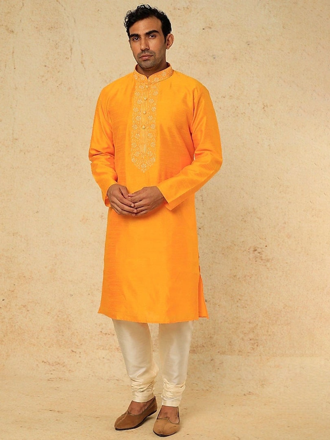 

RNG Safawala Floral Yoke Design Mandarin Collar Straight Kurta With Churidar, Orange