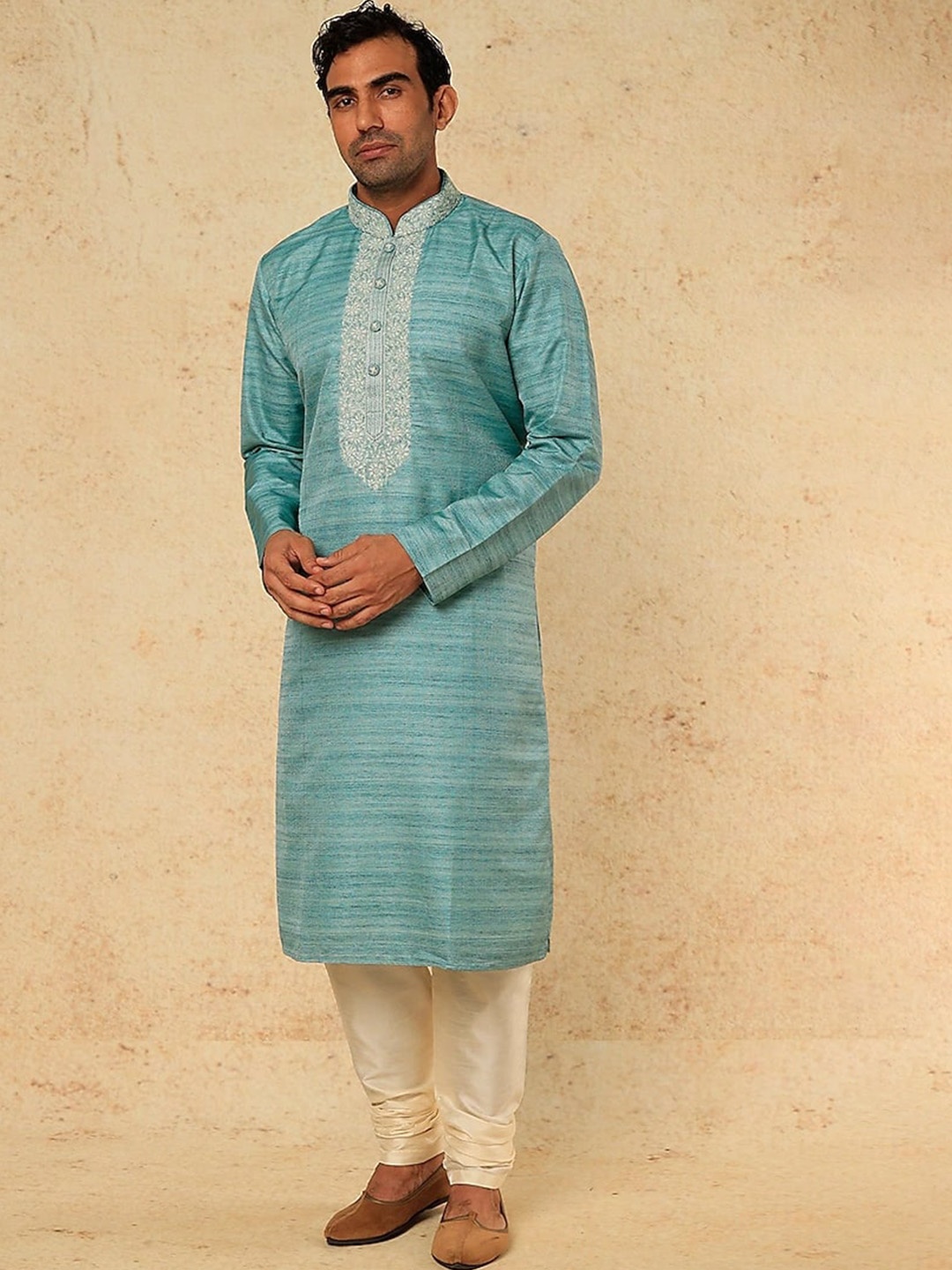 

RNG Safawala Embroidered Regular Dupion Silk Kurta with Pyjamas, Blue