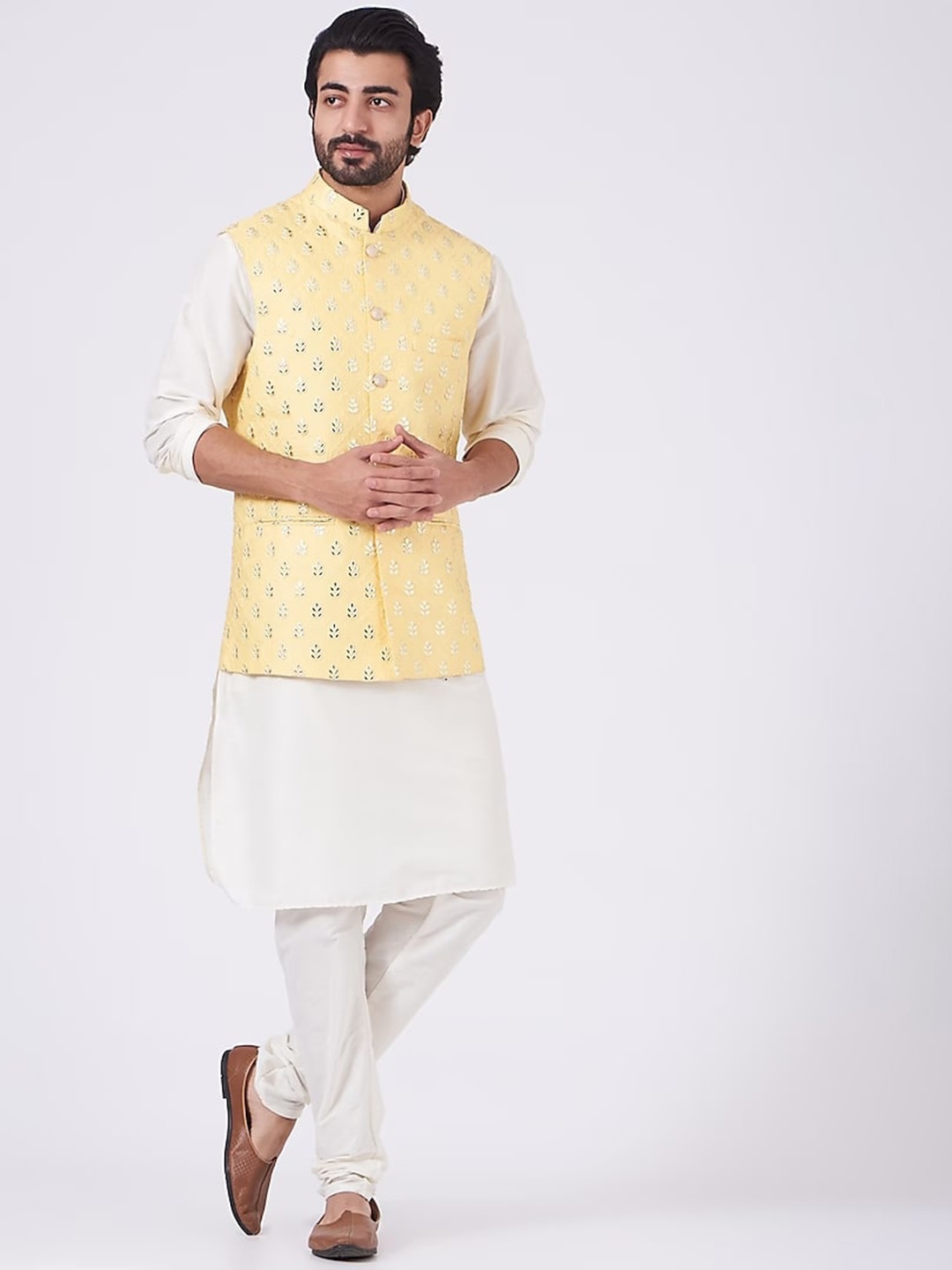 

RNG Safawala Mandarin Collar Dupion Silk Straight Kurta With Churidar With Nehru Jacket, Yellow