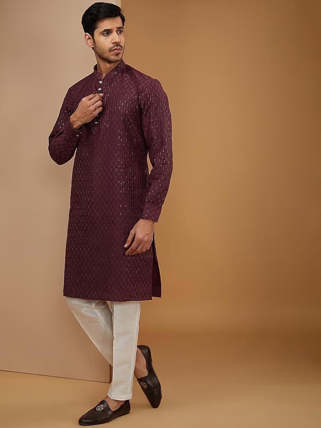 

RNG Safawala Embroidered Regular Sequinned Dupion Silk Straight Kurta With Trousers, Burgundy