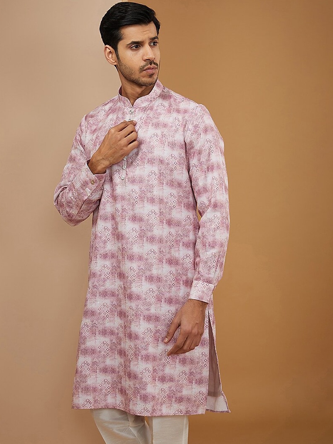 

RNG Safawala Geometric Printed Dupion Silk Straight Kurta With Trousers, Pink