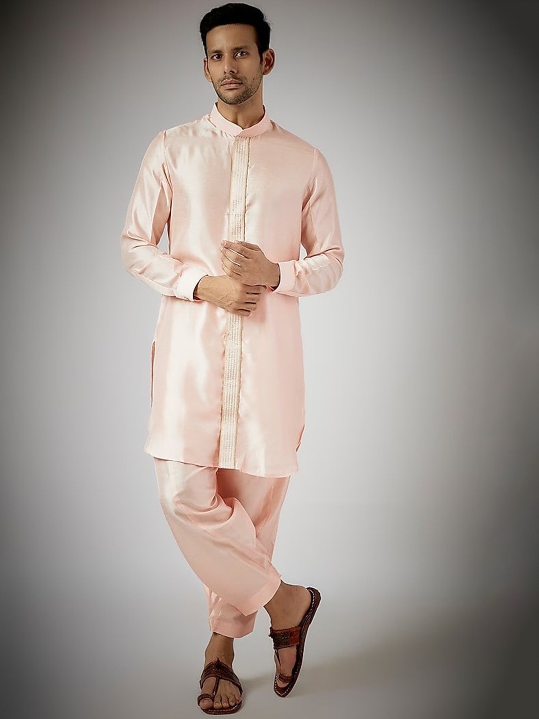 

RNG Safawala Mandarin Collar Straight Kurta with Salwar, Peach