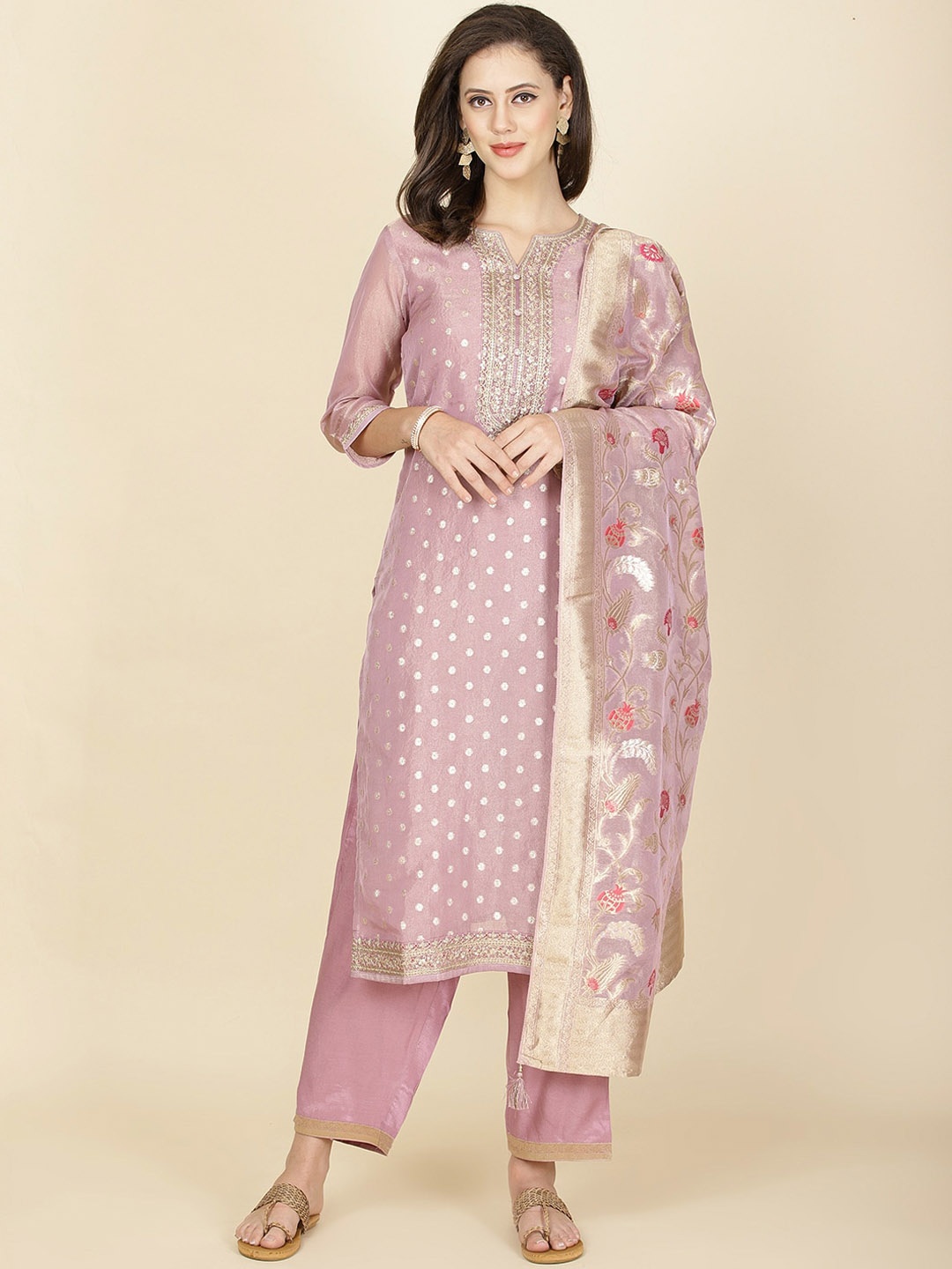 

Meena Bazaar Woven Design Round Neck Straight Kurta with Trousers & Dupatta, Purple