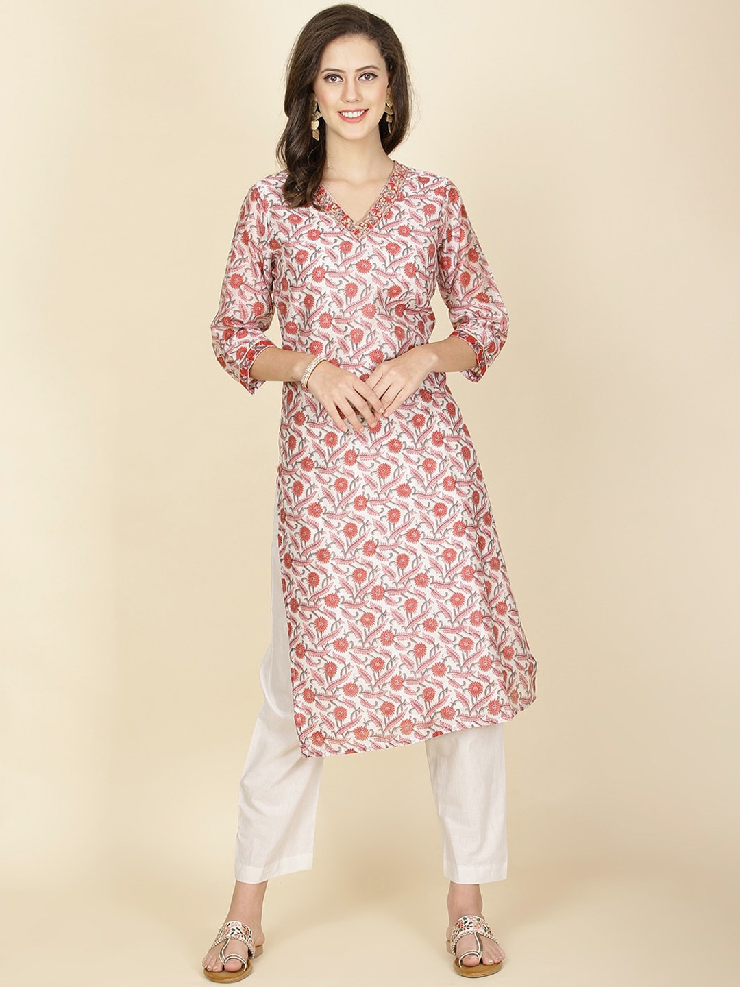 

Meena Bazaar Floral Printed Regular Thread Work Straight Kurta With Trousers, Peach